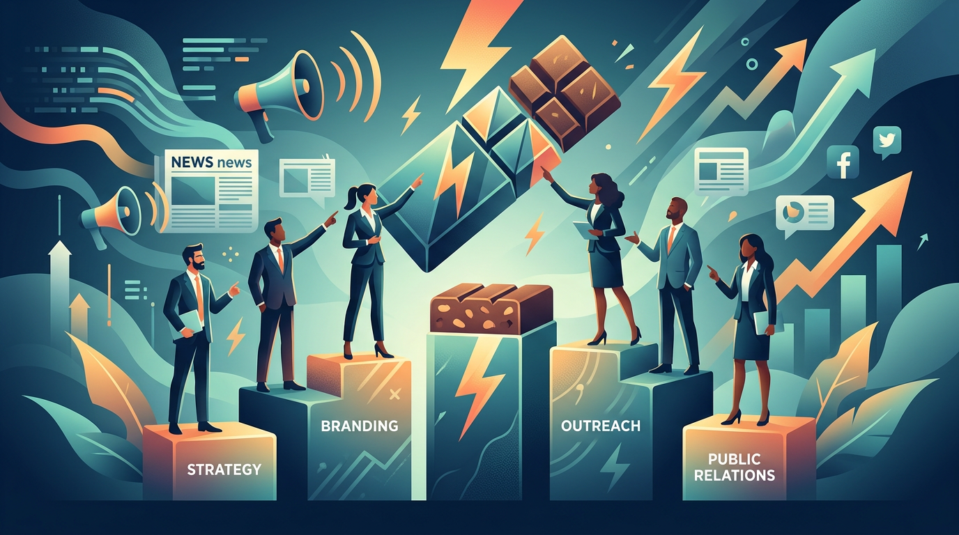 Editorial illustration for article: Energy Bar Space: Leading Brands' Marketing and Public Relations Strategies