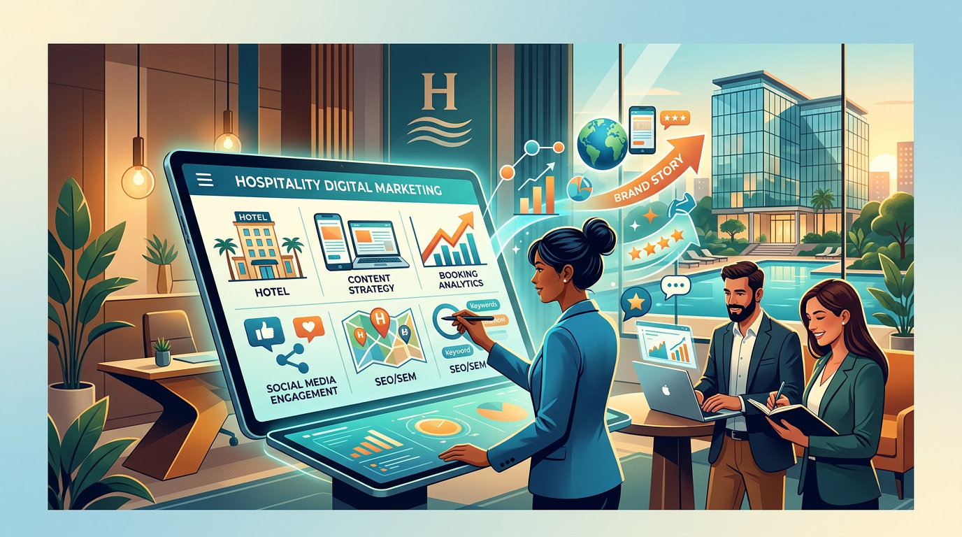 Editorial illustration for article: Creating Strong Hospitality Digital Marketing Campaigns For Hotels