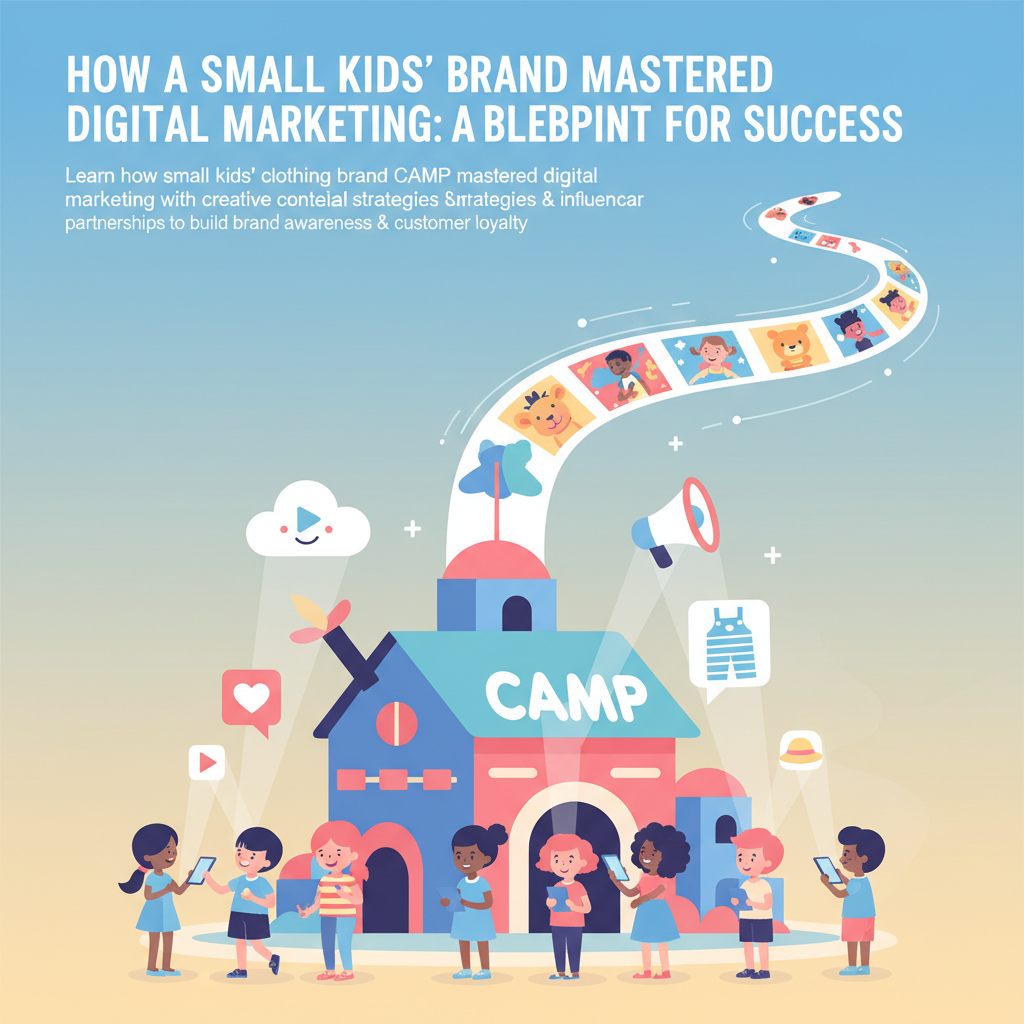 Editorial illustration for article: How a Small Kids’ Brand Mastered Digital Marketing: A Blueprint for Success