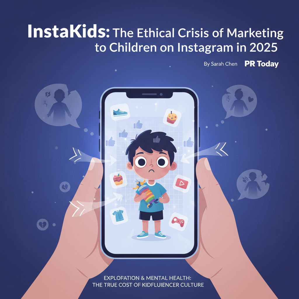 Editorial illustration for article: InstaKids: The Ethical Crisis of Marketing to Children on Instagram in 2025